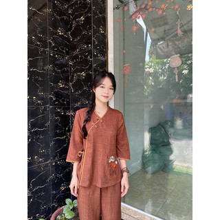 cổ tim nơ vân mây, set đồ thời trang nữ đi chùa cao cấp