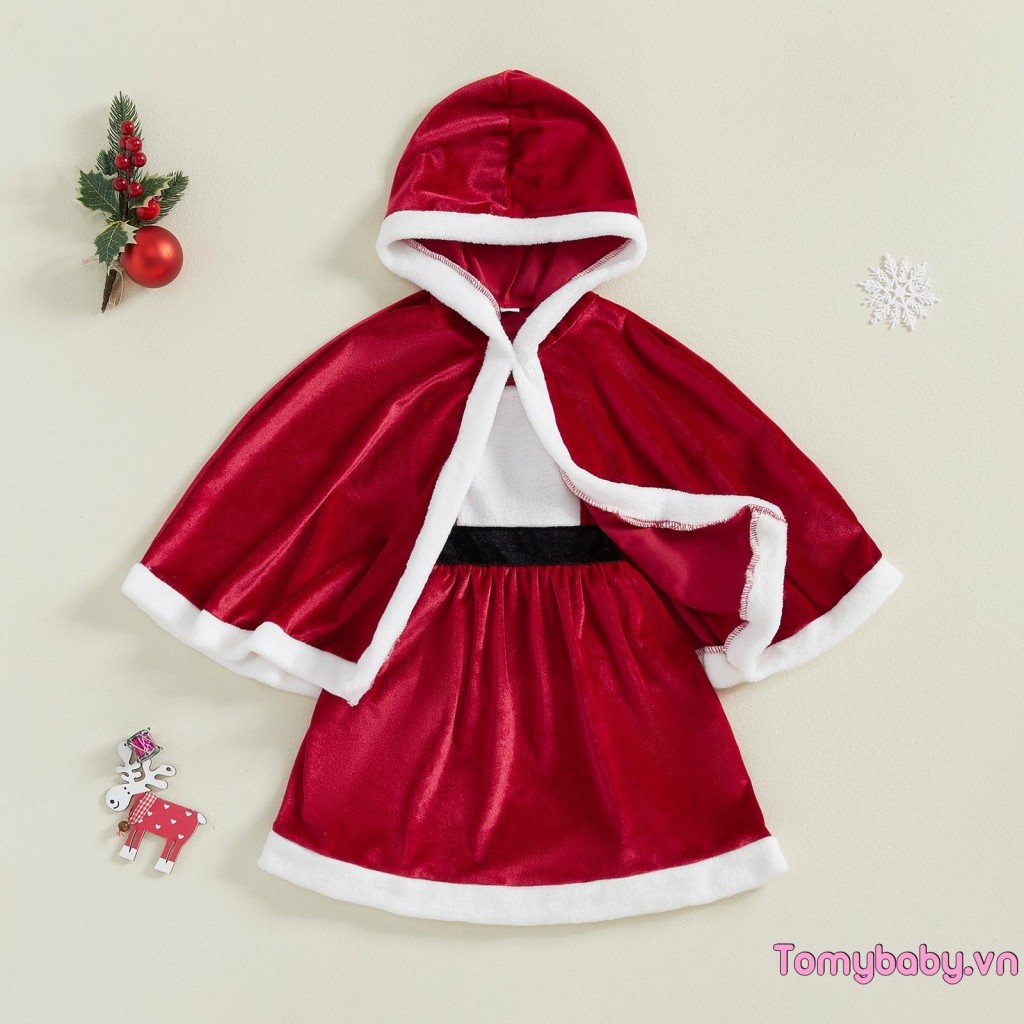 Bộ Giáng Sinh Bé Gái Santa Terry Viền Không Tay Chữ A Cami Dress + Trang Phục Áo Khoác Có Mũ Trùm Đầu