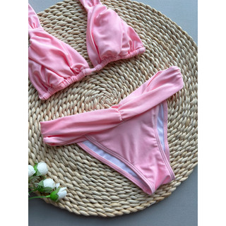 Đồ bơi nữ màu hồng cổ chữ V Dây hai mảnh Bikini Đồ bơi