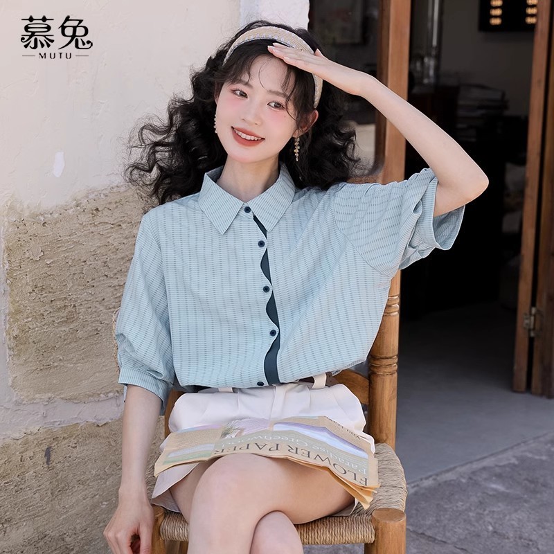 Mutu Áo Sơ Mi Ngắn Tay Xếp Ly Xanh Cho Nữ, Thiết Kế Độc Đáo Phù Hợp Mùa Hè