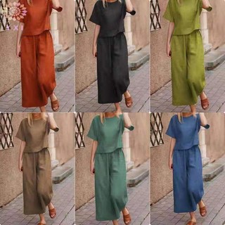 Bộ hai mảnh cotton và lanh thanh lịch, short sleeves, phù hợp cho nữ vào mùa hè