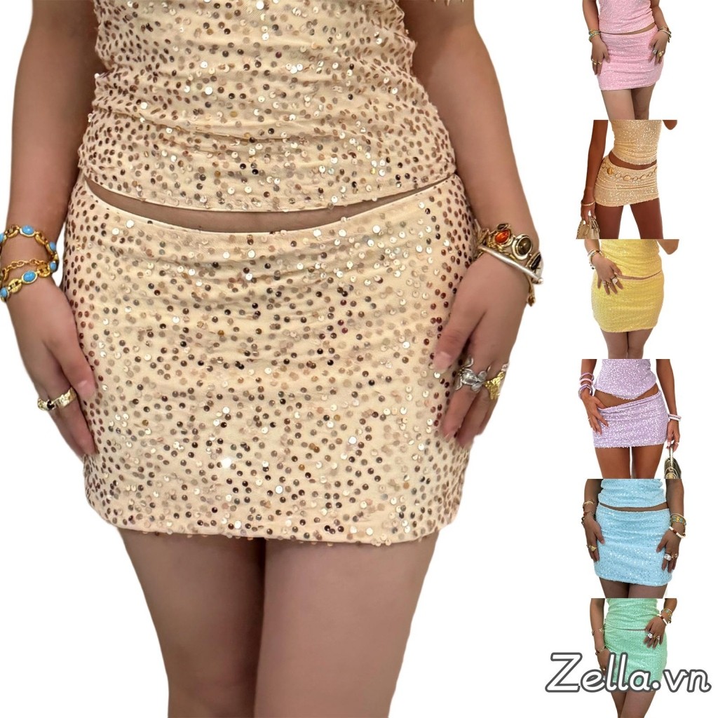 Váy Mini Sequin nữ mùa hè thời trang đa năng màu trơn eo thấp Váy Bodycon