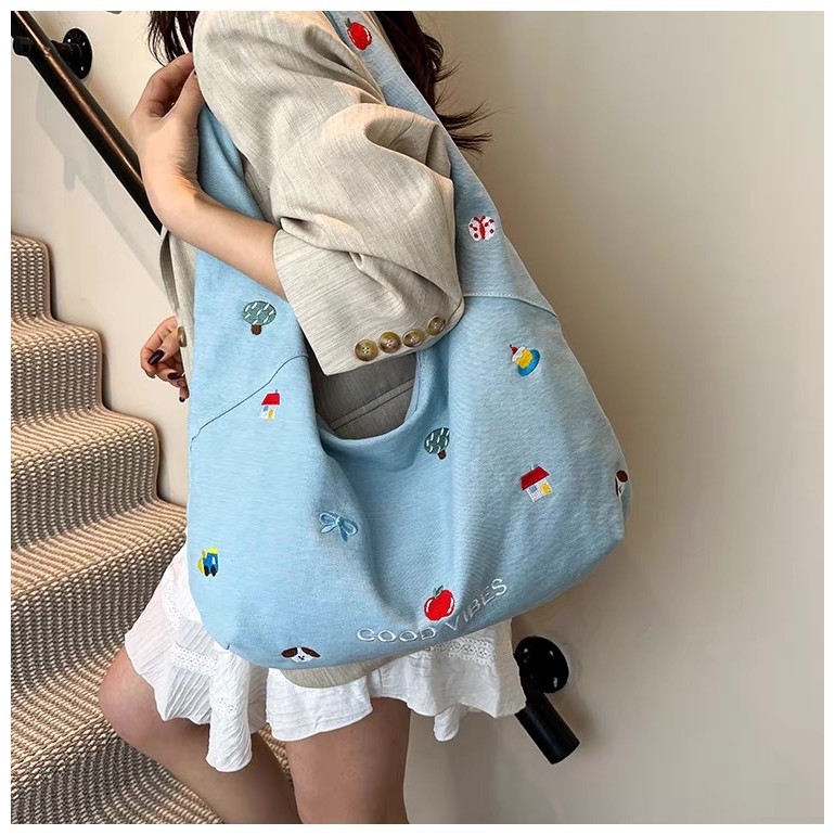 Túi Đeo Vai Vải Bố Dung Tích Lớn Thêu Họa Tiết Cute Phong Cách Hàn Quốc Đi Làm Đi Chơi