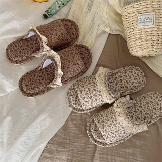 Xixitiao Phong Cách Nhà Retro Hoa Bốn Mùa Đa Năng Thường Ngày Ren Cạnh Cotton Vải Lanh Dép Nữ