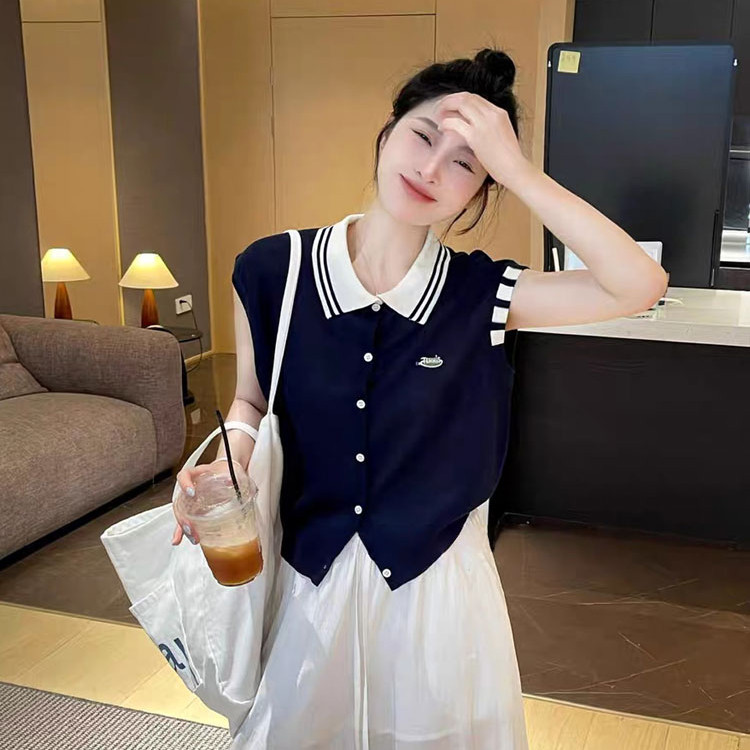 Áo sơ mi polo ice silk và cardigan ngắn tay nữ, phong cách Hàn Quốc mới lạ với màu sắc tương phản, thích hợp mùa hè