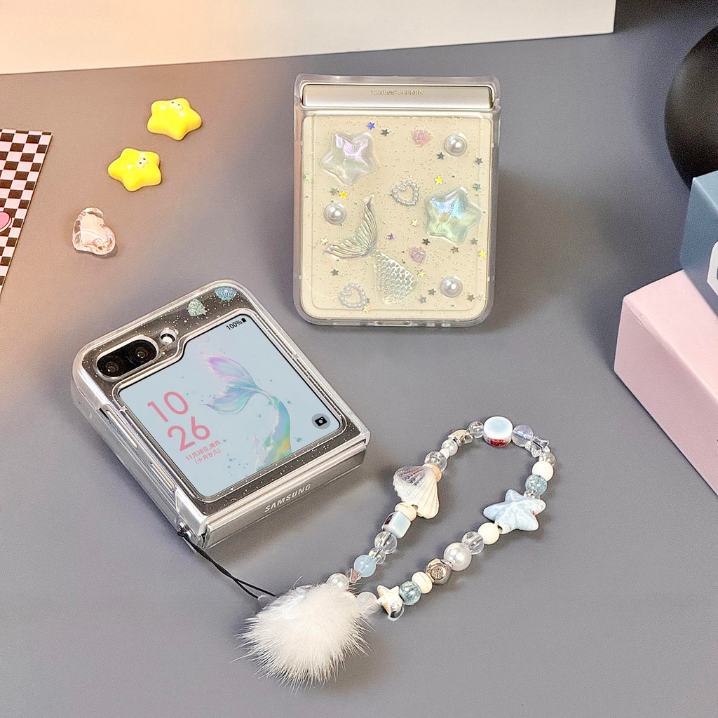 Thích Hợp Cho Samsung Galaxy Z Flip7 Flip6 Thời Trang Trong Suốt Lấp Lánh 3D Ngôi Sao Đuôi Cá Vỏ Điện Thoại Cho ZFlip 7 6 5 4 3 5G N3Flip MixFlip Dây Gấp Bảo Vệ Cứng