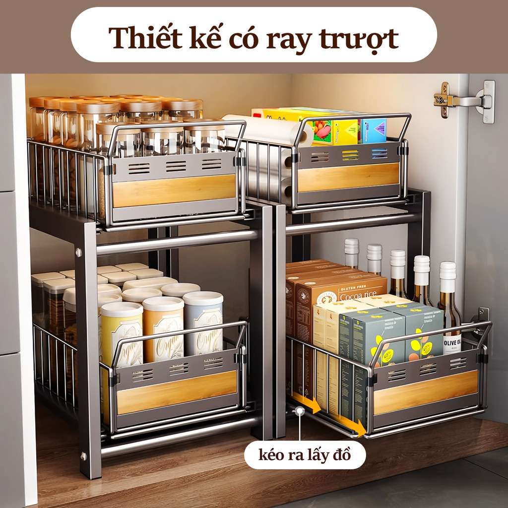 Lifinity Kệ Bếp Ngăn Kéo 2 Tầng 26cm Có Mặt Gỗ, Kệ Gia Vị Ray Trượt Để Trong Tủ Bếp, Màu Xám/Trắng