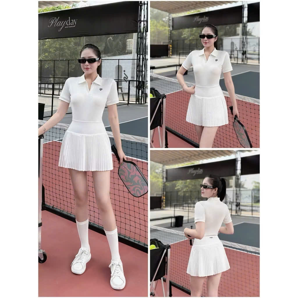 Bộ thể thao nữ TL01 áo polo + váy xếp ly tập pickleball, tennis, cầu lông, golf, chạy bộ...