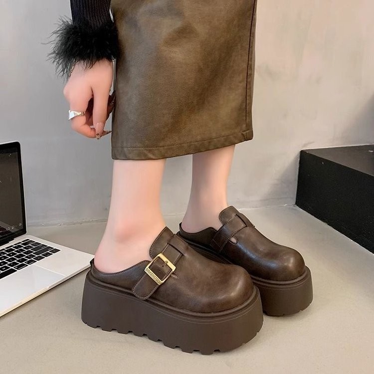 Hàn Quốc Retro Phong Cách Mới Cao Su Baotou PU Nền Tảng Đế Cao Gót Dép Thường Ngày Phù Hợp Với Bên Ngoài Mặc Nhà Máy Wholesal