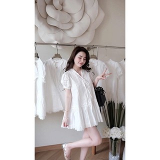 Váy babydoll chất thô mềm mix ren gấu xếp li trước, có dây buộc nơ tiểu thư nhẹ nhàng