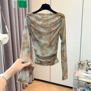 Milyfashion Retro Tie-Dye Gạc dài tay cổ phẳng Áo chống nắng mỏng phù hợp Quần áo nữ