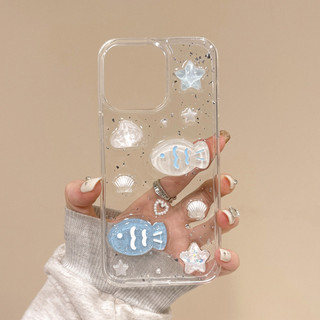 3D Ngôi Sao Xanh Cá Bạc Lá Nhựa Ốp Lưng Điện Thoại iPhone 17 Pro Max 16 15 14 13 12 11 Vỏ Bảo Vệ Chống Sốc