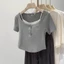 Hot Girl Giả Hai Mảnh Cổ Vuông Tay Ngắn Nữ 2024 Thiết Kế Cảm Giác Niche Nhỏ Ngắn Top 8.15