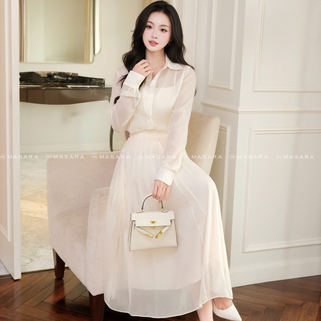 Set Masara gồm áo sơ mi và chân váy dài xòe tằm kem có kèm áo lót phong cách thanh lịch MS860