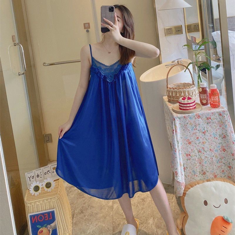 Hàng sẵn có Váy ngủ bằng lụa băng mùa hè Bộ đồ ngủ nữ Ice Silk Extra Loose Loungewear Thin Female