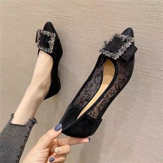 Mũi Nhọn Giày Cao Gót Đế Bằng Nữ Slip-On Nông Miệng Ren Vuông Khóa Kim Cương Giả