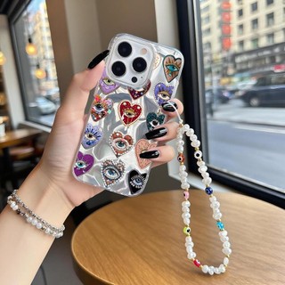 Retro Full Evil Eyes Ngọc Trai Dây Xích Ốp Lưng Tương Thích Cho iPhone 12 11 Pro Max 12 11 Pro XS Max XR X 7 8 Plus SE 2020 Trái Tim Tình Yêu Cô Gái Laser Vỏ Điện Thoại