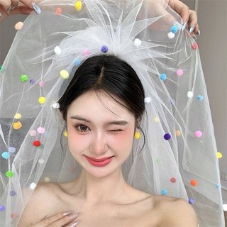 Mẫu mới khăn lau đám cưới có kẹp pompom ngọt ngào và phụ kiện veil lưới tulle bướm màu trắng