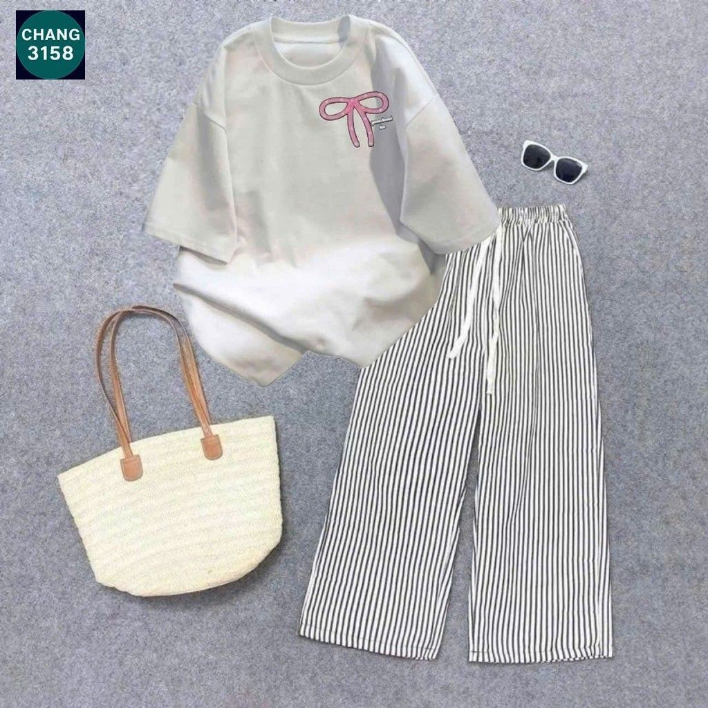 ( hàng mới về ) Sét bộ quần đũi kẻ sọc  vải đũi  xốp mềm suông dài + Áo phông nơ AN PHA CHỮ NGỰC-codaiduong