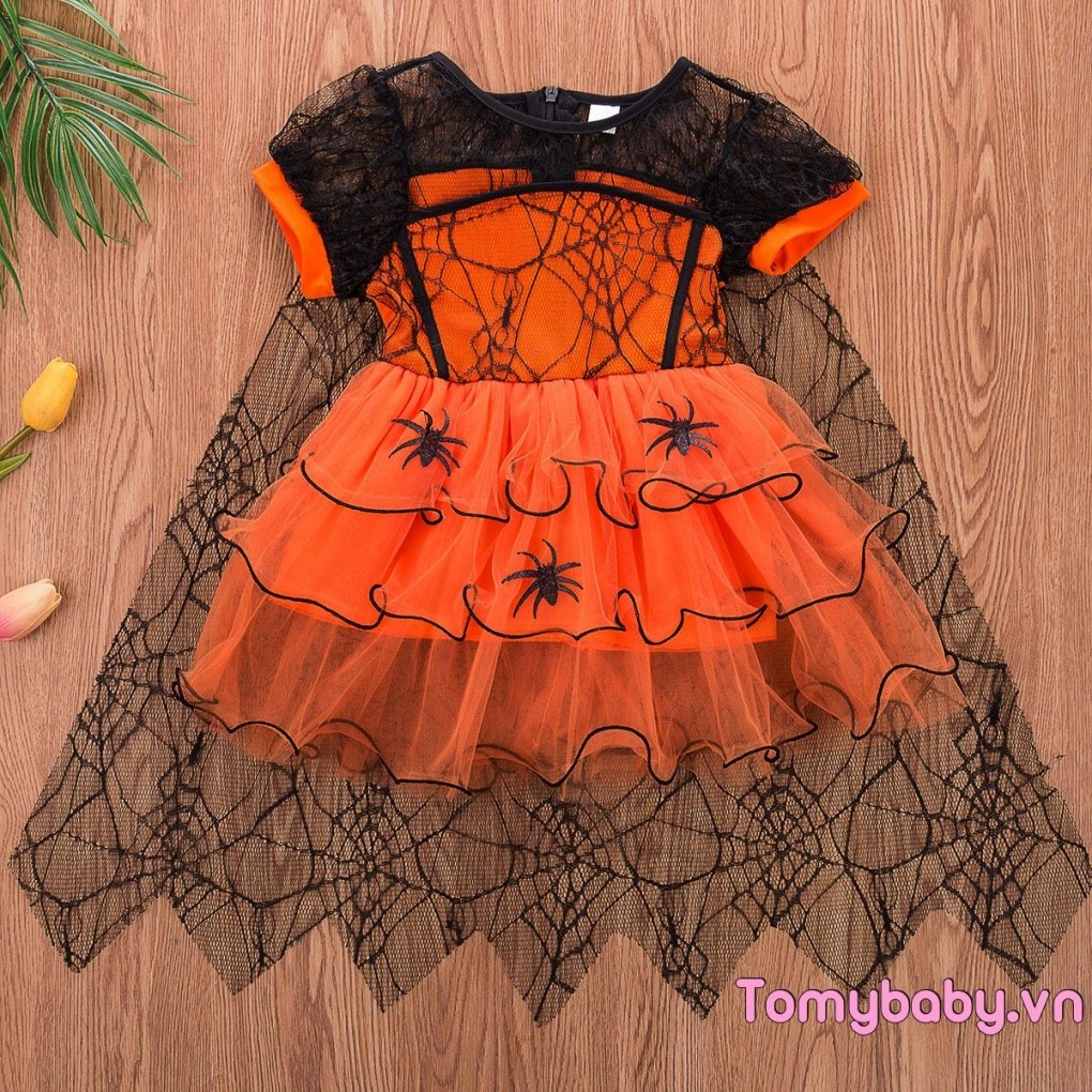 Trẻ Em Bé Gái Dễ Thương Trang Phục Mạng Nhện Không Đều Viền Áo Choàng Tay Ngắn Váy Halloween
