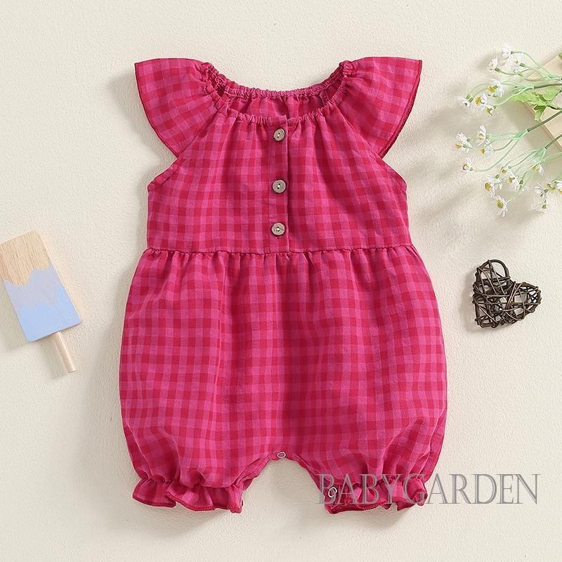 Baga-baby Bé Gái Áo Liền Quần Kẻ Sọc Nút Bay Tay Co Giãn Cổ Tròn Jumpsuit Quần Áo Thường Ngày Mùa Hè