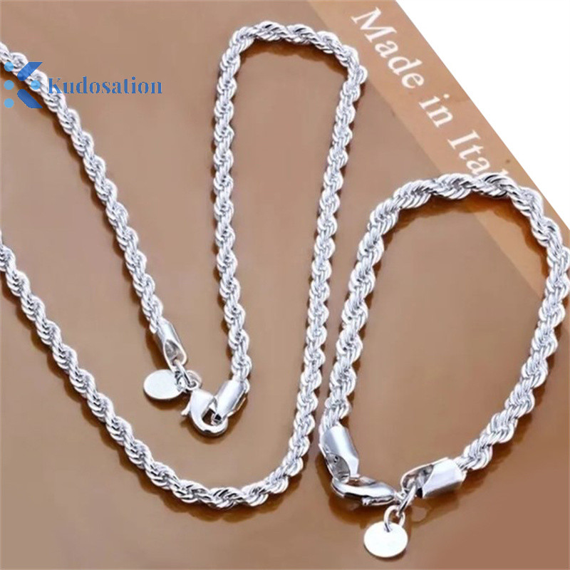 Kudosation Chất Lượng Cao Bạc 925 4MM Nam Nữ Dây Xích Nam Xoắn Dây Vòng Cổ Vòng Tay Thời Trang Bạc Bộ Trang Sức