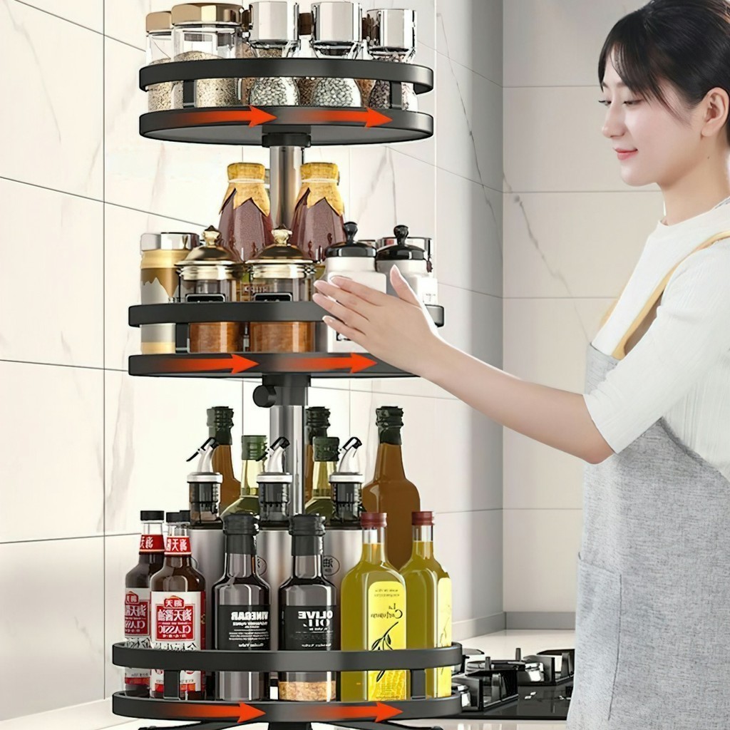 Kệ Gia Vị Để Bàn Nhà Bếp Khung Sắt Sơn Tĩnh Điện,mặt kim loại loại 3 tầng 360 độ FE123