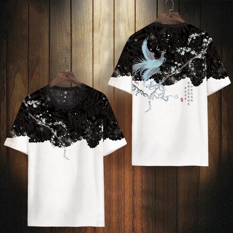 Men's T-shirt Chinese Style Phoenix Printed Short Sleeve Summer Quick-Drying Breathable plus Size Loose Short Sleeve T-shirt
