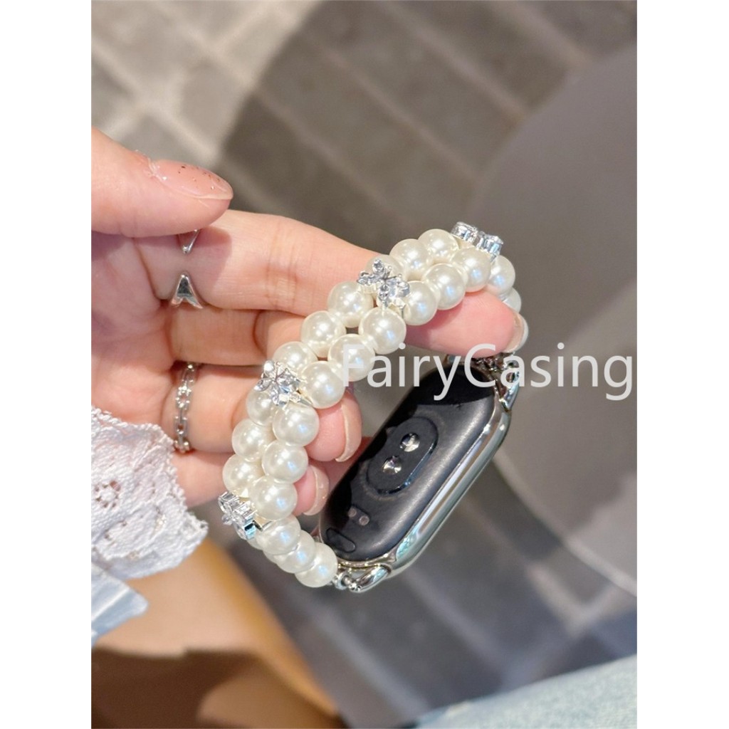 Vòng tay hạt ngọc trai sang trọng cho Xiaomi Mi Band 10 9 8 7 6 5 4 3 Dây đeo cổ tay Dây đeo cổ tay Phụ kiện cho Mi Band 8 Pro 7pro Dây đeo đồng hồ đính cườm Ngọc trai trắng