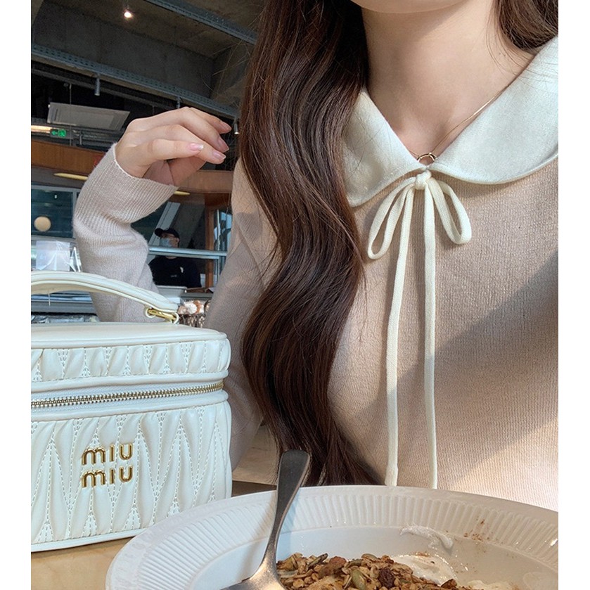 Suxi Pháp Retro Thu Đông Mới Cổ Búp Bê Dài Tay Dệt Kim Áo Len Nữ Ngắn 240830