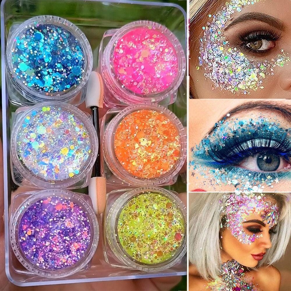 YOKEY 6 Cái / bộ Phấn Mắt Lấp Lánh Gel, Mặt Tóc Giai Đoạn Body Nail Glitter Gel, Dễ Thương Nhiều Màu Sắc Không Cần Keo Trang Điểm Lễ Hội