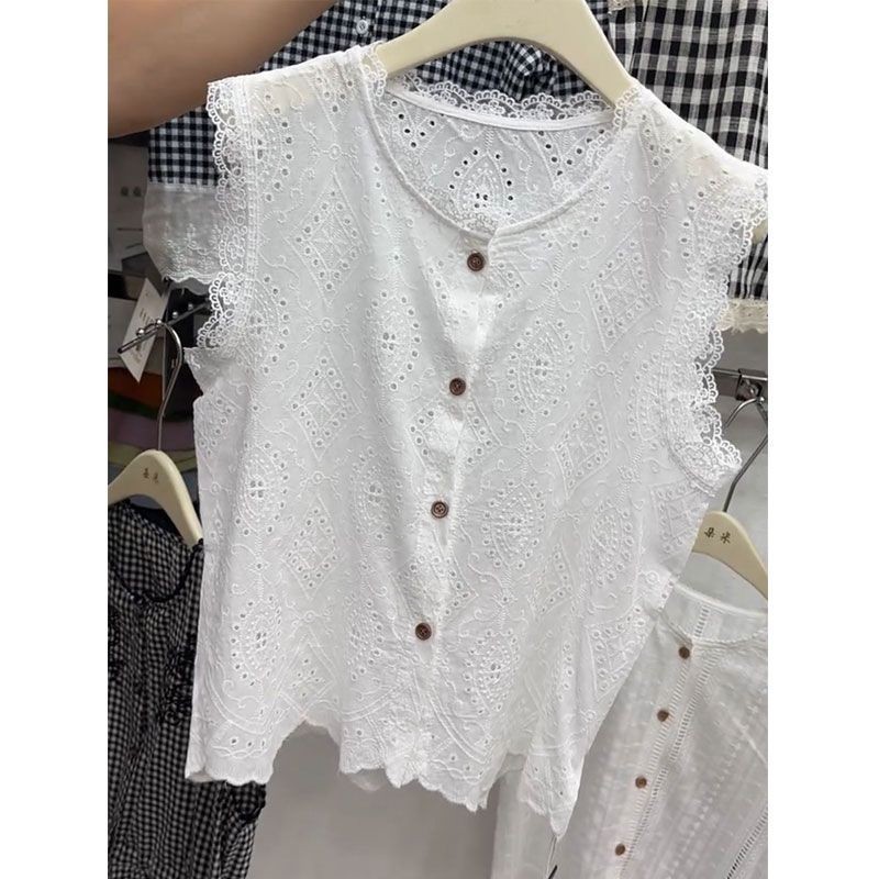 Milyfashion Ren Rỗng Móc Không Tay Áo Sơ Mi Ngắn Nữ Mùa Hè 2025 Phong Cách Mới Cho Bé Áo Sơ Mi Nhỏ Cổ Tròn Top Hợp Thời Trang