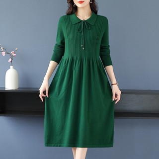 Búp Bê Cổ Áo Len Đầm Nữ Thu Đông Đầm Phong Cách Mới Kích Thước Lớn Dày Dài Túi Dệt Kim Đáy Ấm Trượt Tuyết