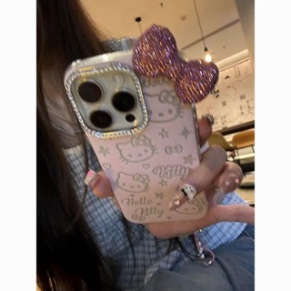 Ốp điện thoại thích hợp màu hồng dễ thương cho mèo KT màu hồng iPhone mềm mại Phong cách mới Khung kim cương-Foundation Star KT Cat + Nơ kim cương hồng
