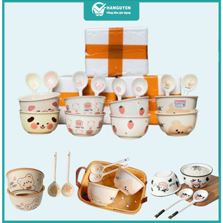 Set 2 bát ăn cơm sứ hình bò sữa cute kèm thìa - chén hoạt hình dễ thương cho bé kèm 2 thìa