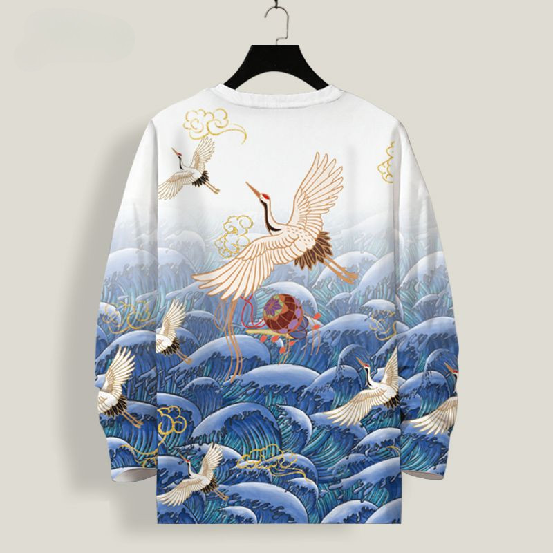 Dài Tay Áo T-Shirt Trung Quốc Phong Cách Cho Nam Giới Crane Top Mùa Thu Lỏng Cộng Với Kích Thước Hàng Đầu Thanh Niên Quần Áo