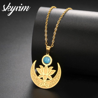 Skyrim Vòng Cổ Nữ Thanh Lịch Lotus Sapphire Mặt Dây Chuyền Thiết Kế Thép Không Gỉ Trang Sức Thời Trang