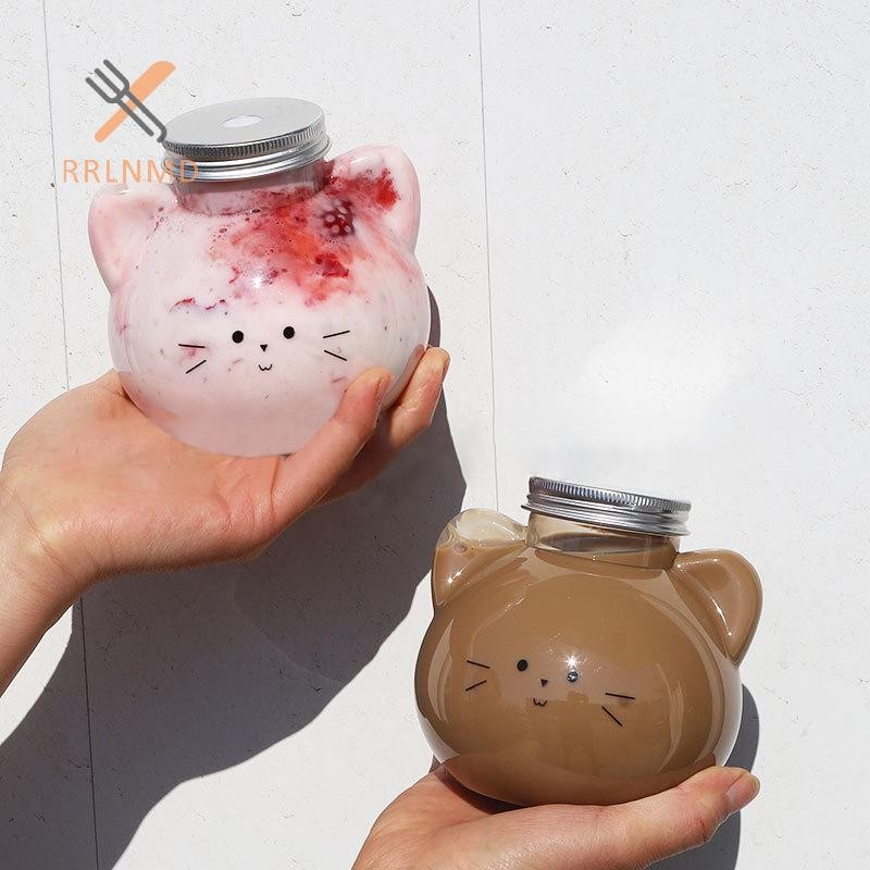Rrlnmd Kawaii Mèo Chai Nước Cho Trà Sữa Cà Phê Nước Uống Di Động Cốc Uống Nhà Trong Suốt Chai Nước Giải Khát BPA Free MỚI