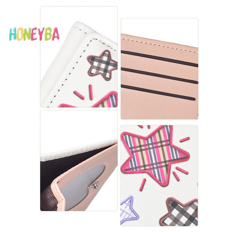 < Honeyba > Ví Dễ Thương Cho Nữ Thêu Ngôi Sao Gấp Ngắn Ví Đựng Thẻ Tiền Xu Nhỏ Ly Hợp Ví Nữ Mới