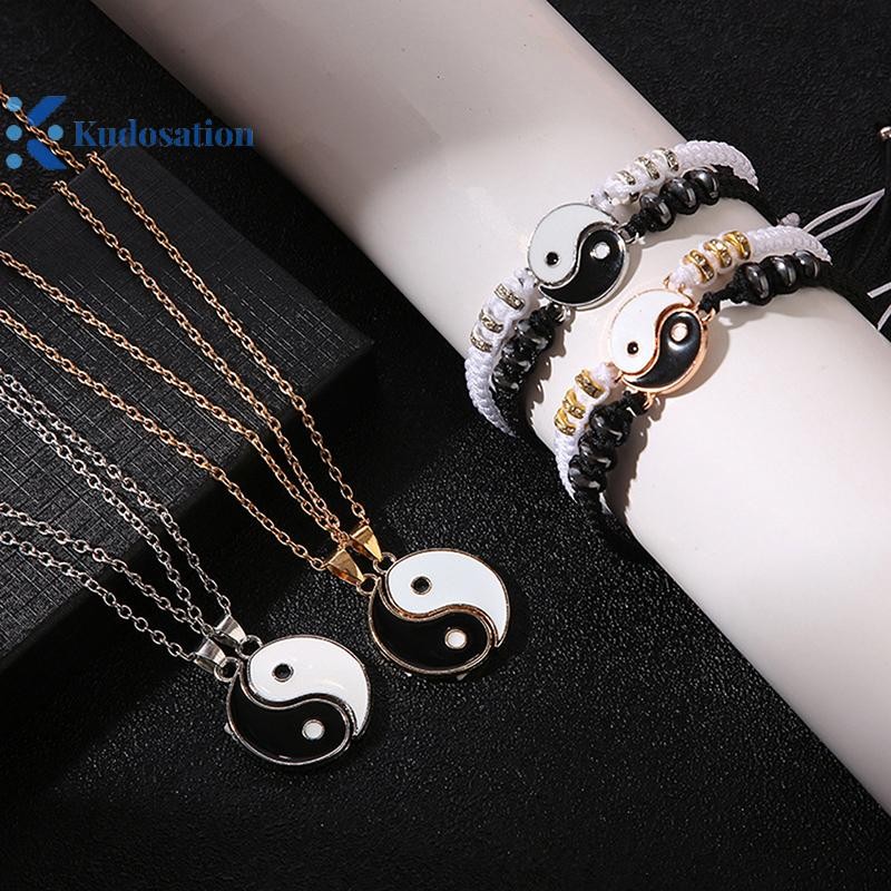 Kudosation 2 Chiếc Thái Cực Dương Cặp Đôi Mặt Dây Chuyền & Vòng Tay Bím Dây Xích Điều Chỉnh, Phù Hợp Người Yêu, Choker