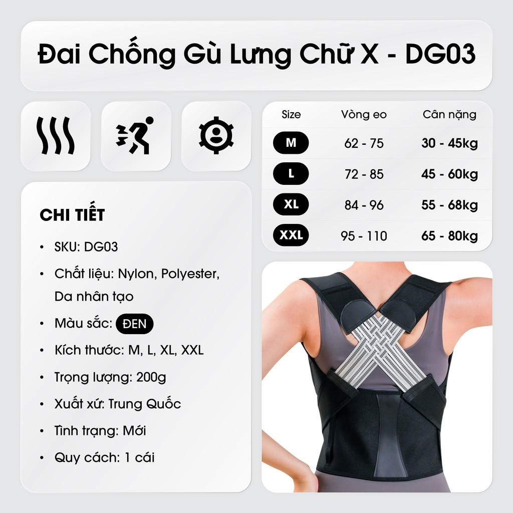 Đai Chống Gù Chữ X Nâng Cấp - Cố Định Cột Sống Ngực, Thắt Lưng, Dành Cho Người Ngồi Nhiều - DG03