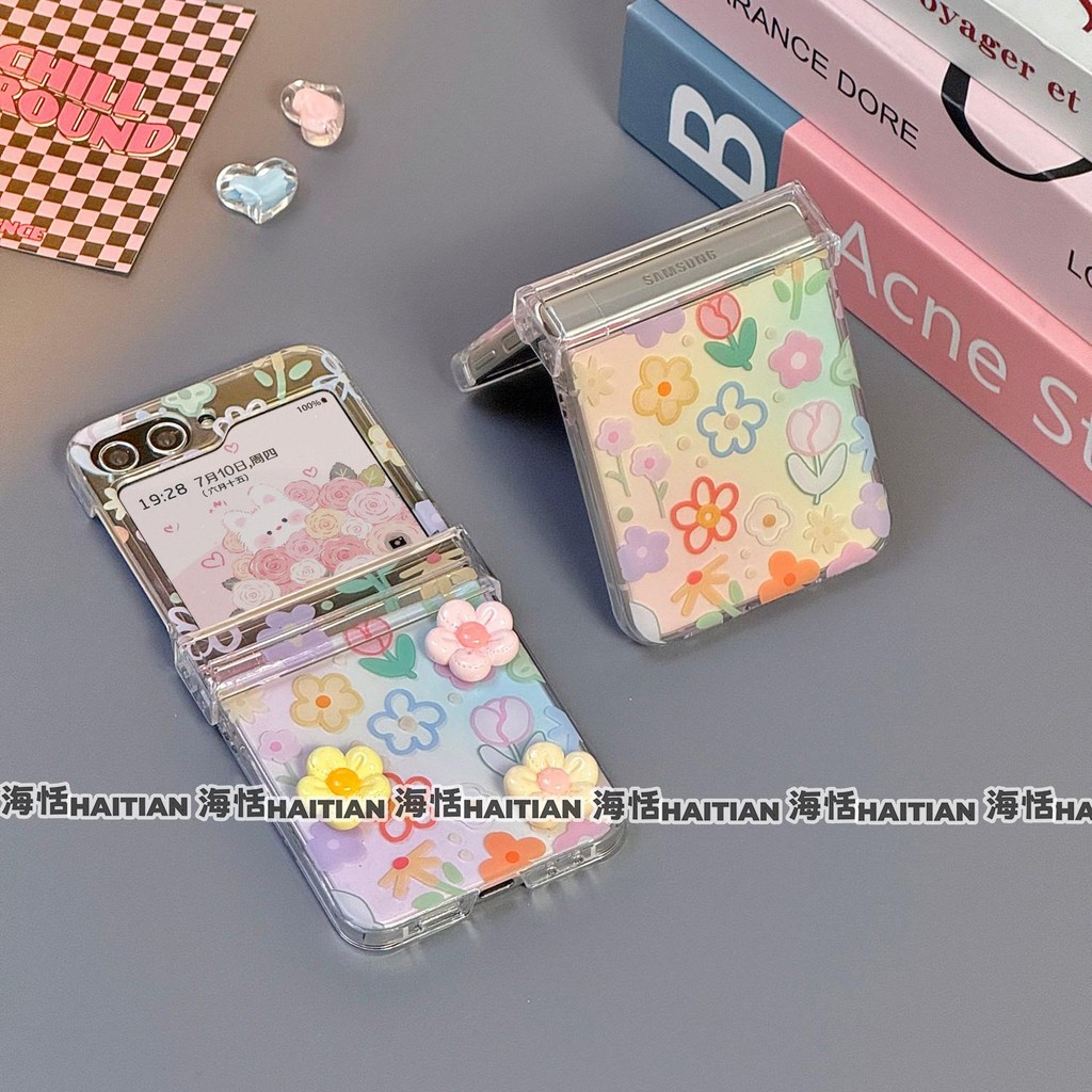 Thích Hợp Cho Samsung Galaxy Z Flip7 Flip6 Trong Suốt 3D Màu Hoa Vòng Tay Vỏ Điện Thoại Cho ZFlip 7 6 5 4 3 5G Dây Gấp Bảo Vệ Cứng