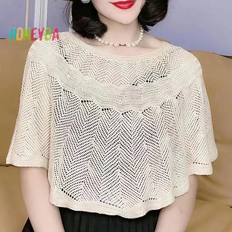 < Honeyba > Khăn choàng Cotton rỗng dệt kim dành cho nữ Áo mùa hè thu thanh lịch dành cho nữ Áo choàng chống nắng cho nữ