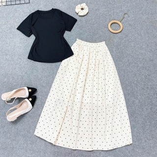 Set Bigsize nữ basic áo thun phối chân váy chấm bi dáng dài vintage bánh bèo dễ thương  SET G244+CV422