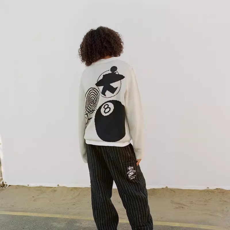 ThaliaWisp Áo len nam Stussy x Nike, dáng rộng vừa vặn, thiết kế xoắn ốc độc đáo