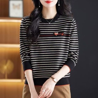 Áo dệt kim sọc dài tay cổ tròn dành cho nữ
