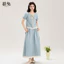 Mutu Bộ Đồ Hai Mảnh Phong Cách Hồng Kông Retro, Denim Short Sleeve with Ren Collar và Eo Cao Chữ A - Perfect cho Mùa Hè