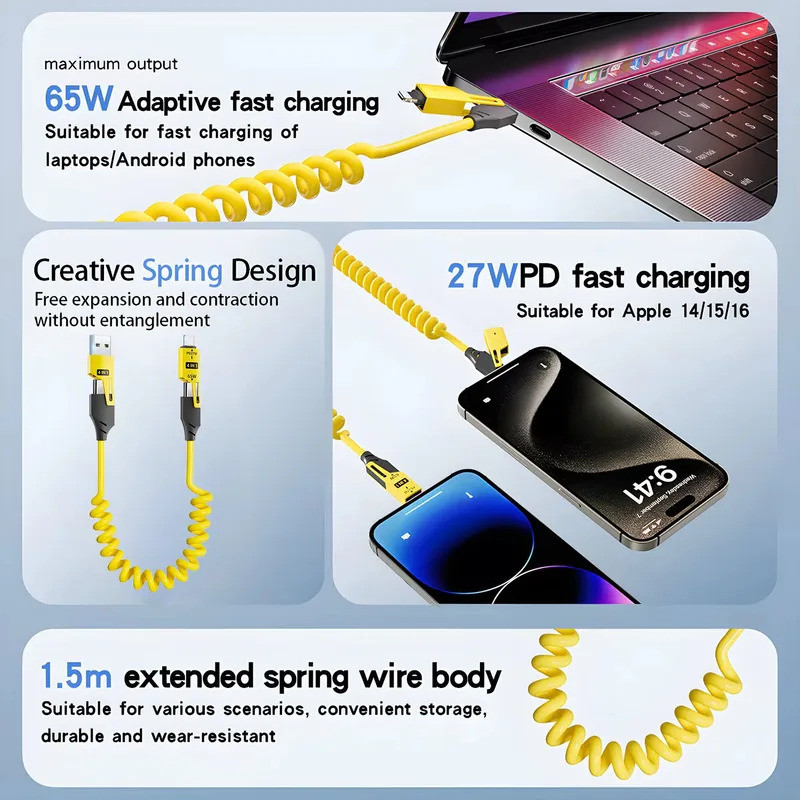 65W Lò Xo Cáp Dữ Liệu Ngắn 6A USB Loại C 4 Trong 1 Lò Xo Kính Thiên Văn Nhanh Dây Sạc Lò Xo Cáp USB Cho iPhone iPad MacBook