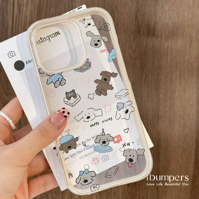 ibumpers Ốp Điện Thoại iPhone Hoạt Hình Dễ Thương Sang Trọng Họa Tiết Chó Con Cho IPhone 11 12 13 14 15 16 Pro Max Ốp Lưng Acrylic Trong Suốt Viền Màu Tinh Khiết
