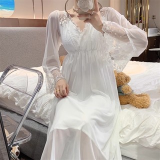 Phong Cách Cung Điện Gợi Cảm Với Miếng Lót Ngực Ren Cổ Chữ V Dài Tay Váy Ngủ Nữ Xuân Thu Cao Cấp Homewear Bộ Đồ Ngủ Váy Hơi Béo Size Lớn Quần Áo Nữ